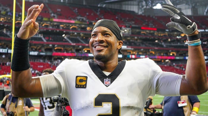 Saints quarterback Jameis Winston celebrates their come-from-behind win over the Falcons.